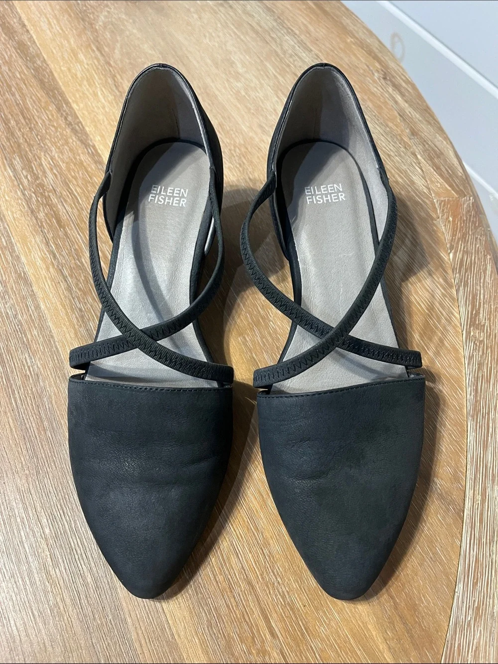 Eileen Fisher Black Pointed Wedge Flats with Cross Straps